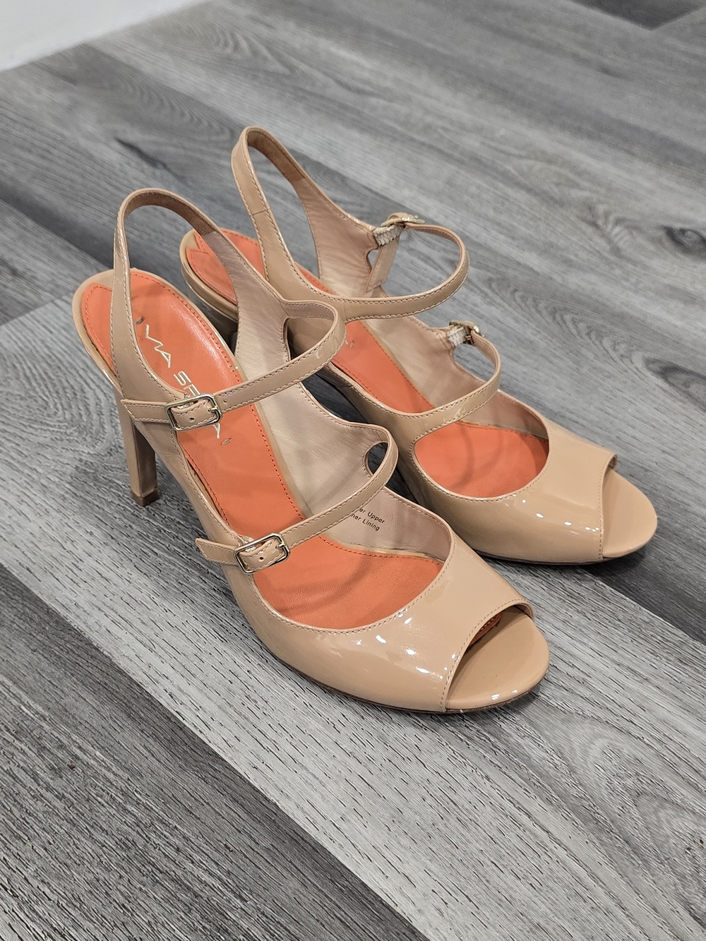 Via Spiga Nude Patent Leather Peep-Toe Slingback Heels